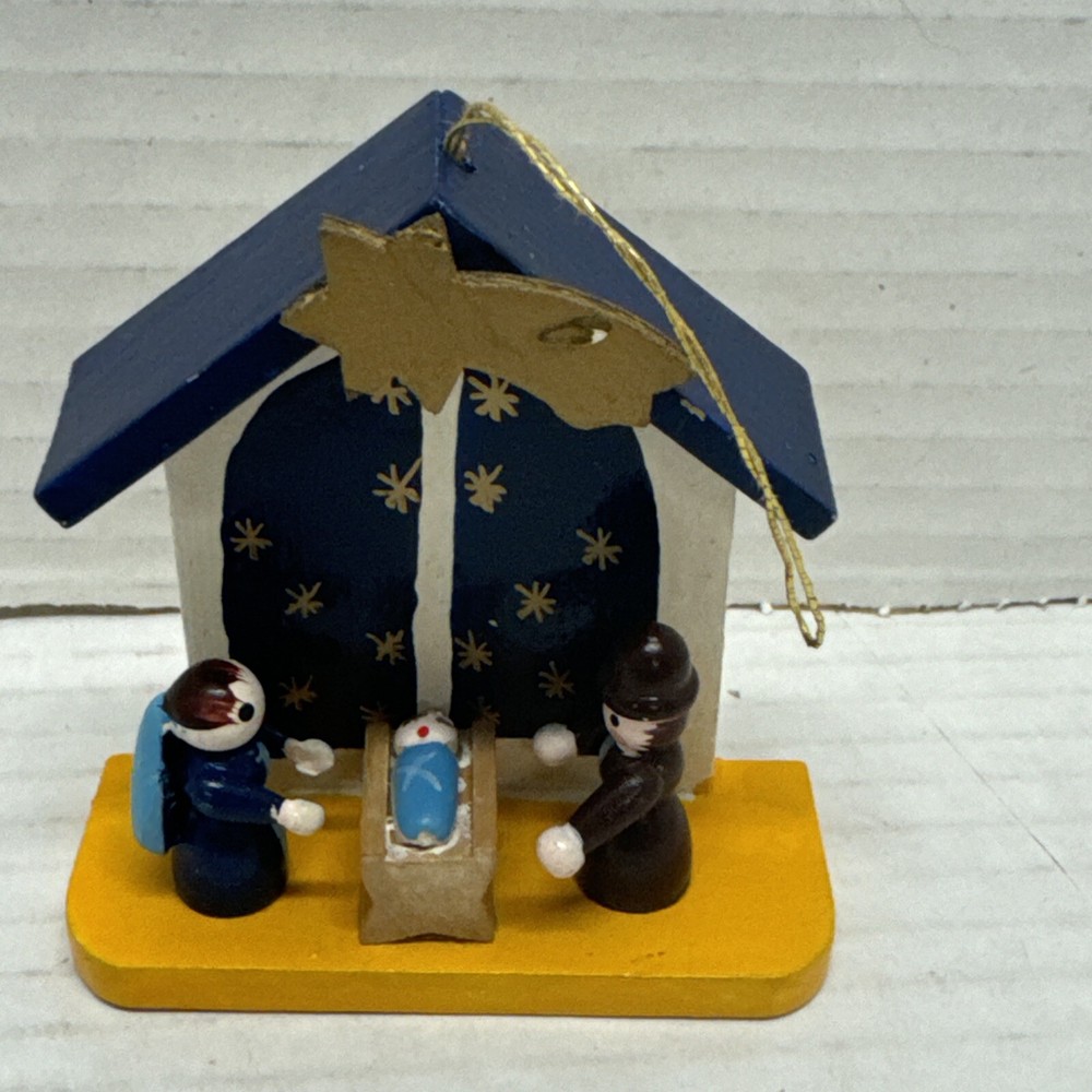 Miniature Wood Nativity Scene Ornament Vintage painted