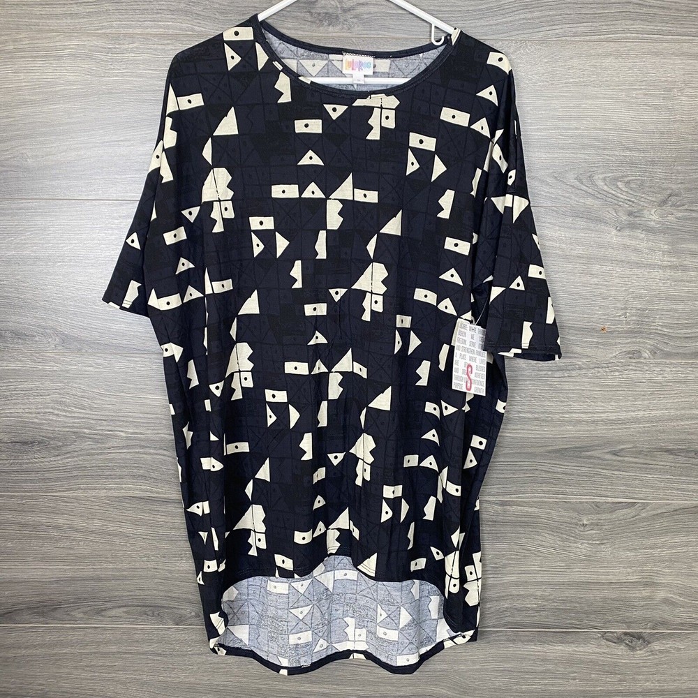 LulaRoe Irma Womens Blouse Size Small Dark Blue With Geometric Design Checks