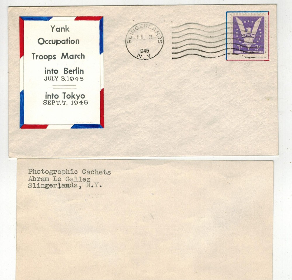 WW2 Patriotic RARE LEGALLEZ 7/3/1945 DUAL DATE YANKS IN BERLIN TOKYO SIGNED CARD