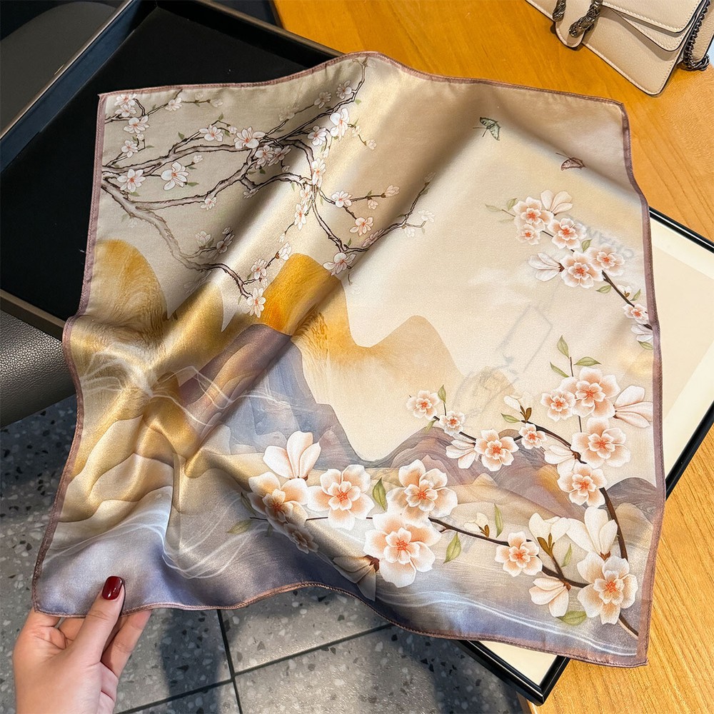 2025 Season Trendy Plum Blossom Printed Silk Scarf Elegant Women’s Fashion Neck Accessory