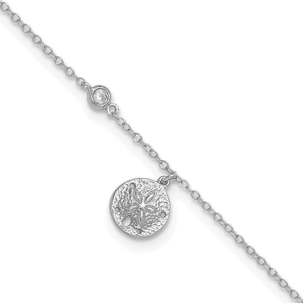 Sterling Silver Rhodium Plated Cubic Zirconia Sand Dollar Anklet 9 Inch with 1 Inch Extension