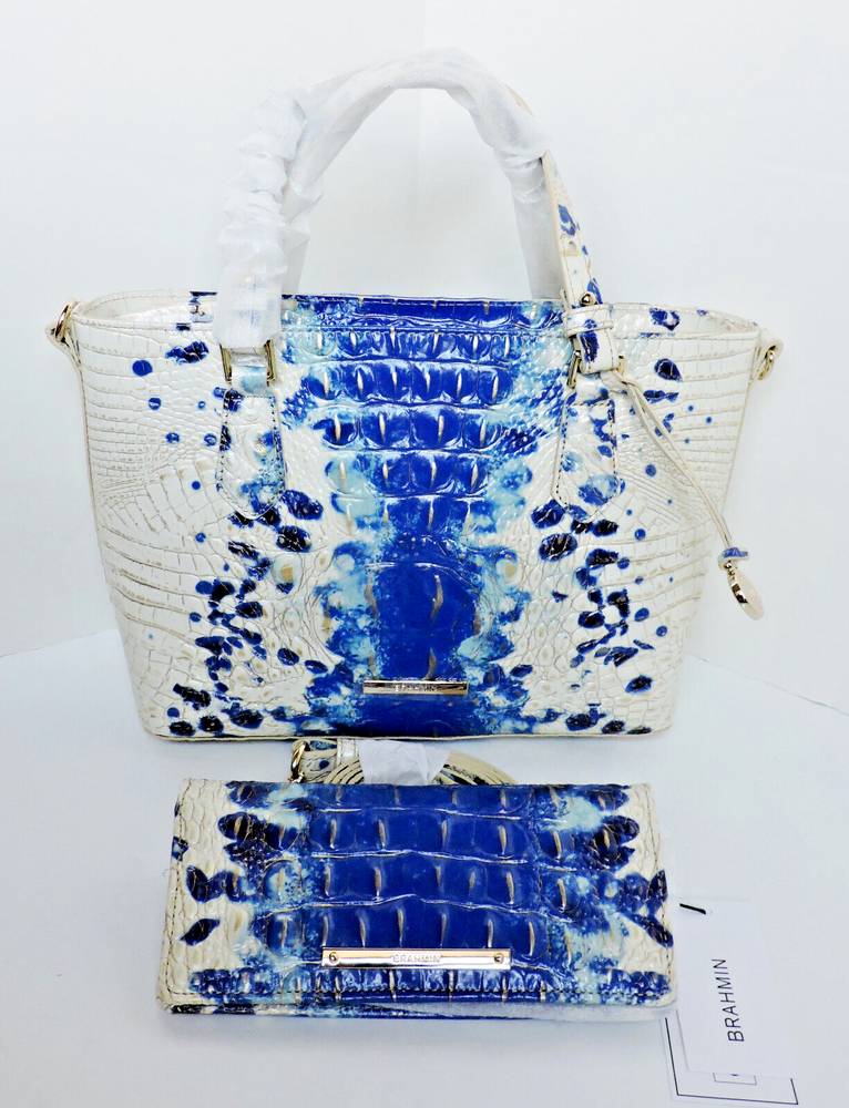 Brahmin Mini Misha Echo Ombre Blue White Melbourne Leather Ady Wallet Set NWT