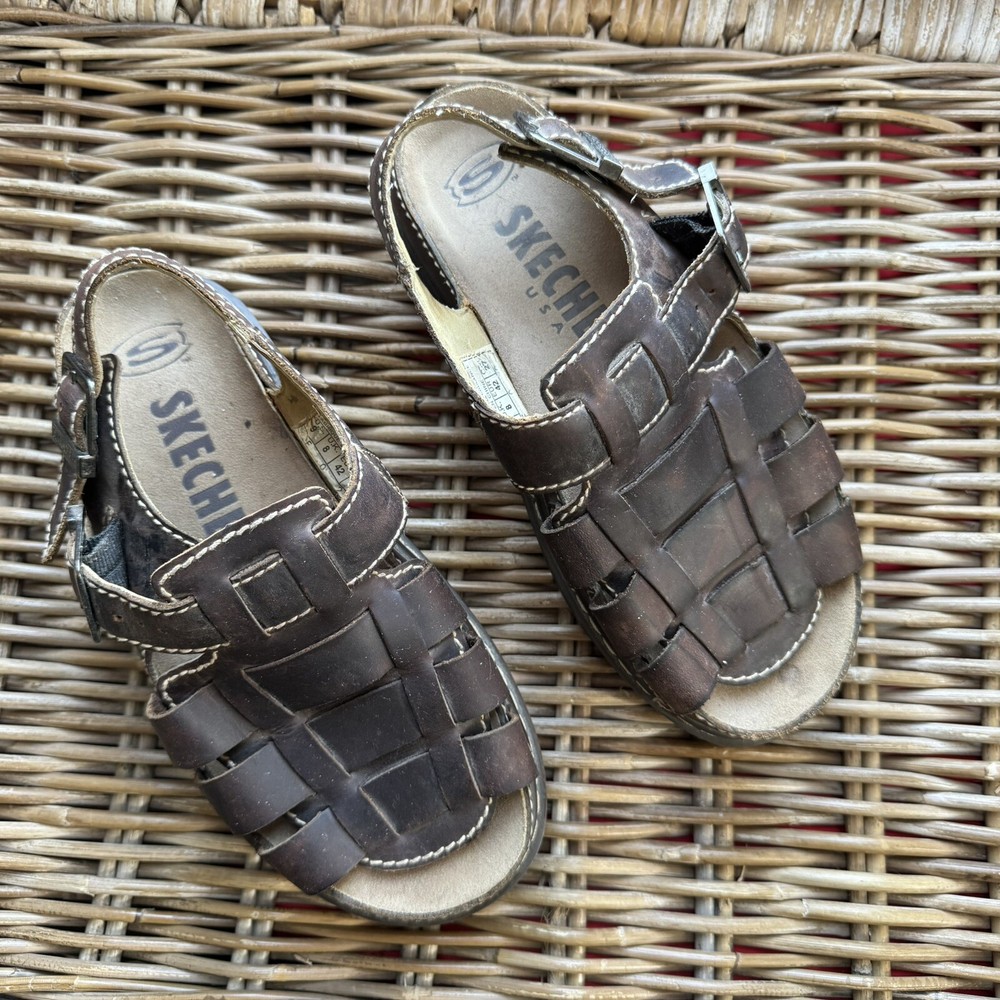 Vintage Y2K Chunky Brown Leather Skechers Fisherman Sandals for Men Size 9