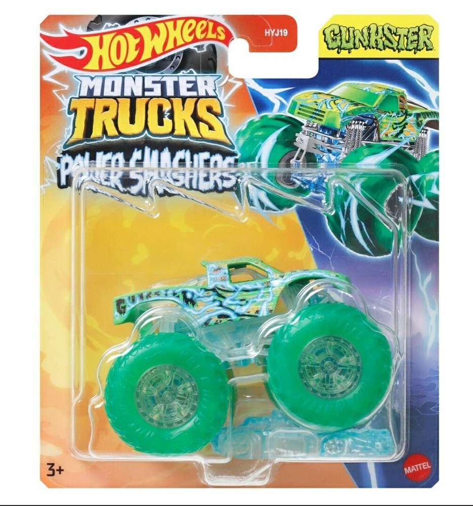 HOT WHEELS MONSTER TRUCKS POWER SMASHERS GUNKSTER & CRUSHED CAR 1:64 SCALE NEW