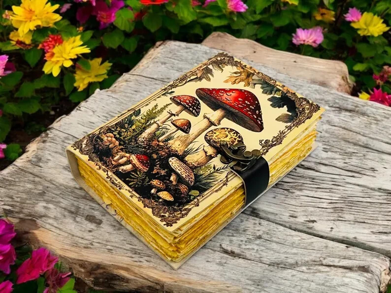 Handmade Vintage Grimoire with Mushroom Leather Antique Spell Book of Shadows