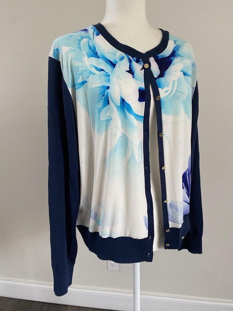 DKNY Women's Blue Floral Button-Front LS Cardigan Sweater Sz XL