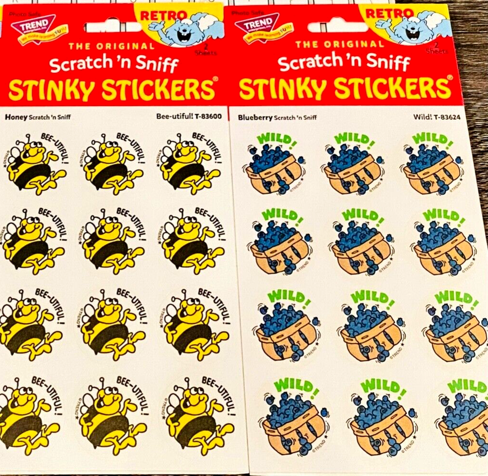 48 TREND Scratch n Sniff RETRO STINKY STICKERS, HONEY + BLUEBERRY