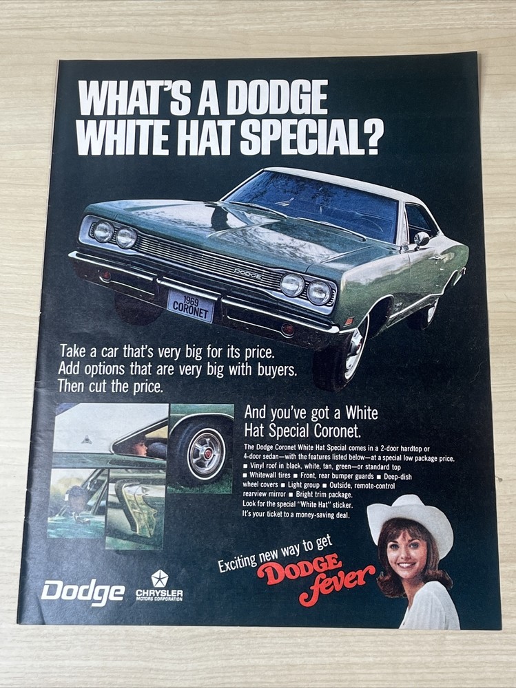 Dodge Coronet White Hat Special Dodge Fever 1969 Vintage Print Ad Look Magazine