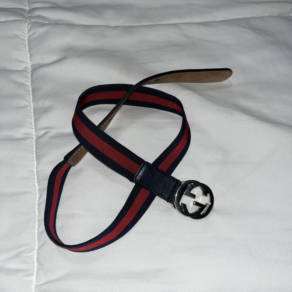 Boys Authentic Gucci Navy Red Web Belt with Interlocking G Buckle Size M