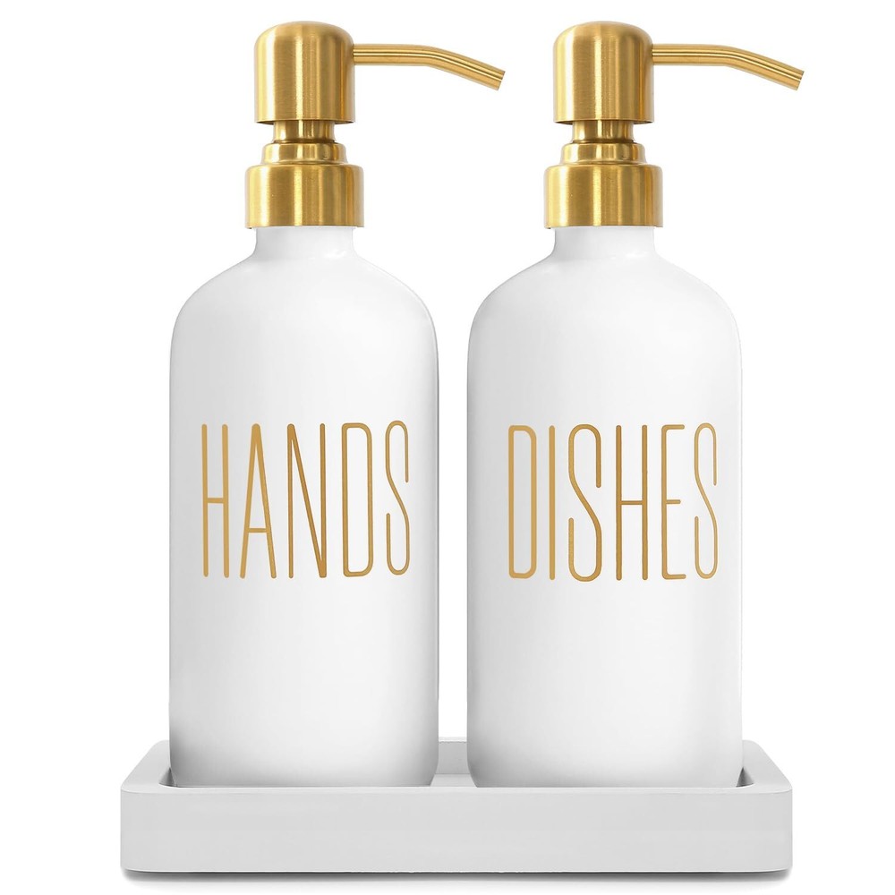 Glass And Stainless Steel Soap Dispenser Set For Kitchen Counters white