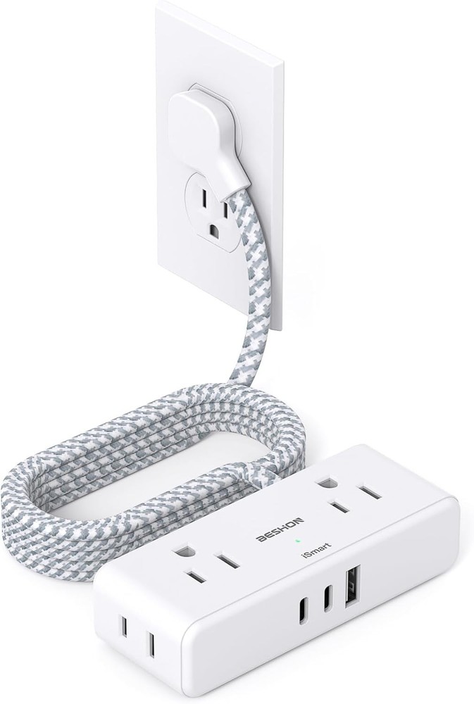 6ft Flat Extension Cord with 4 Outlets, White Power Strip, 6 Foot