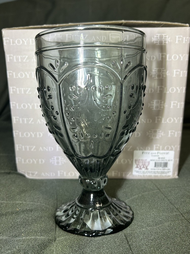 Fitz and Floyd Trestle Glassware Ornate Goblets, 4 Count Smoke Grey