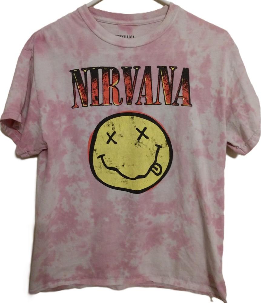 Nirvana Smiley Shirt Unisex Adult Size Med Red/ Black/ Yellow on Purple Tye-Dye.