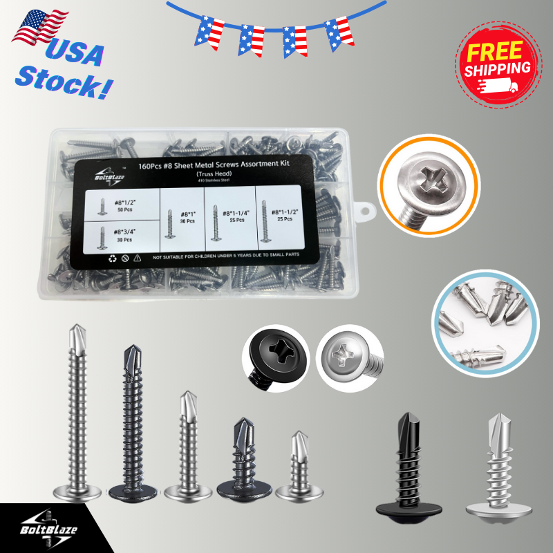 160 Pcs #8 Sheet Metal Screws Assortment Kit (Truss Head)
