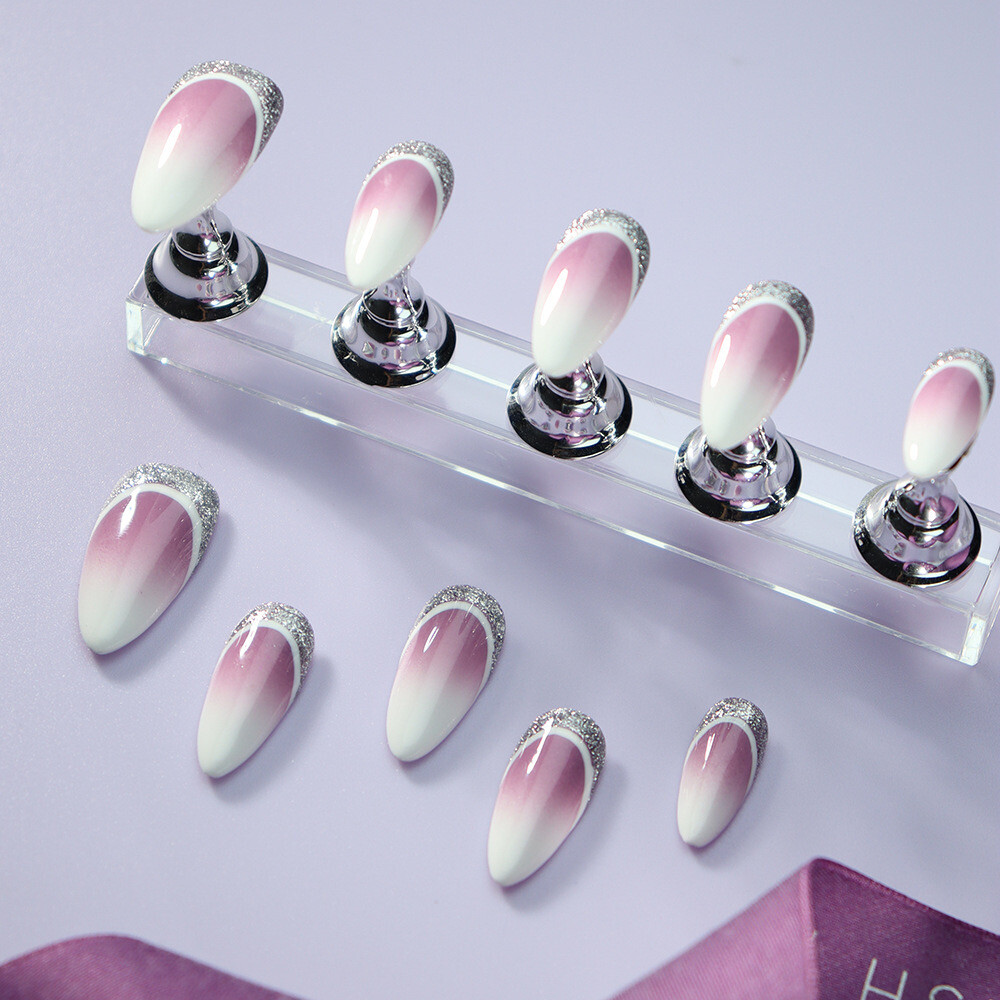 Handmade Minimalist Sequins Ombre False Nail Medium Almond Press on Nail