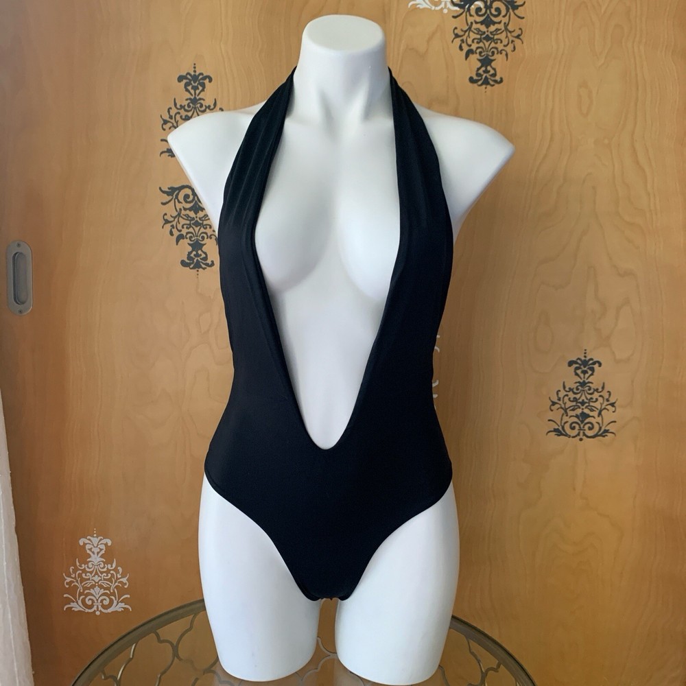 Black Halter Neck Plunge Cut Out One-Piece Swimsuit NWT Small