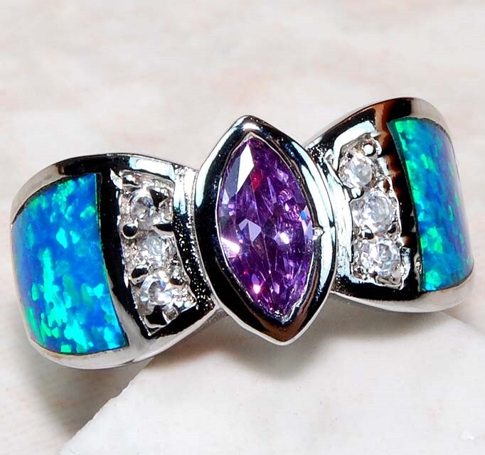 1CT Amethyst & Australian Opal Inlay 925 Solid Sterling Silver Ring Sz 7 BA4