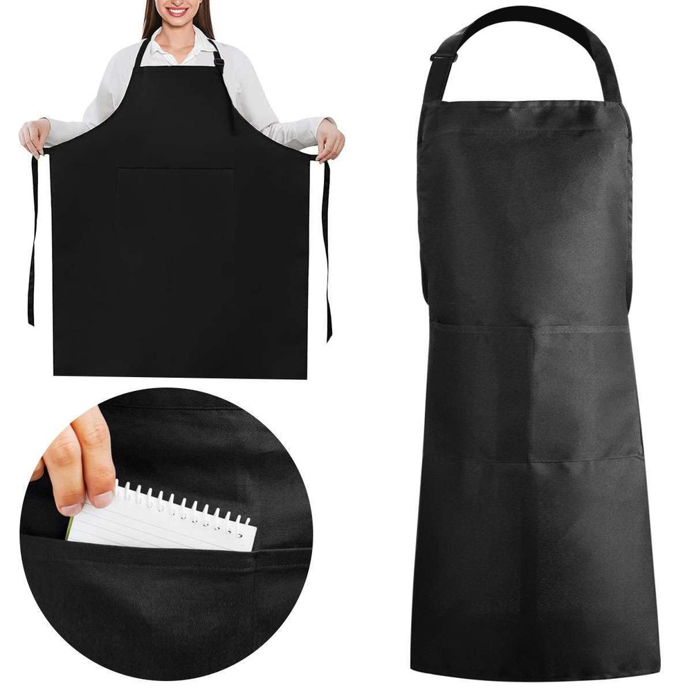 Heavy Duty Black Chef Apron with Adjustable Tie Back Bib for Cooking
