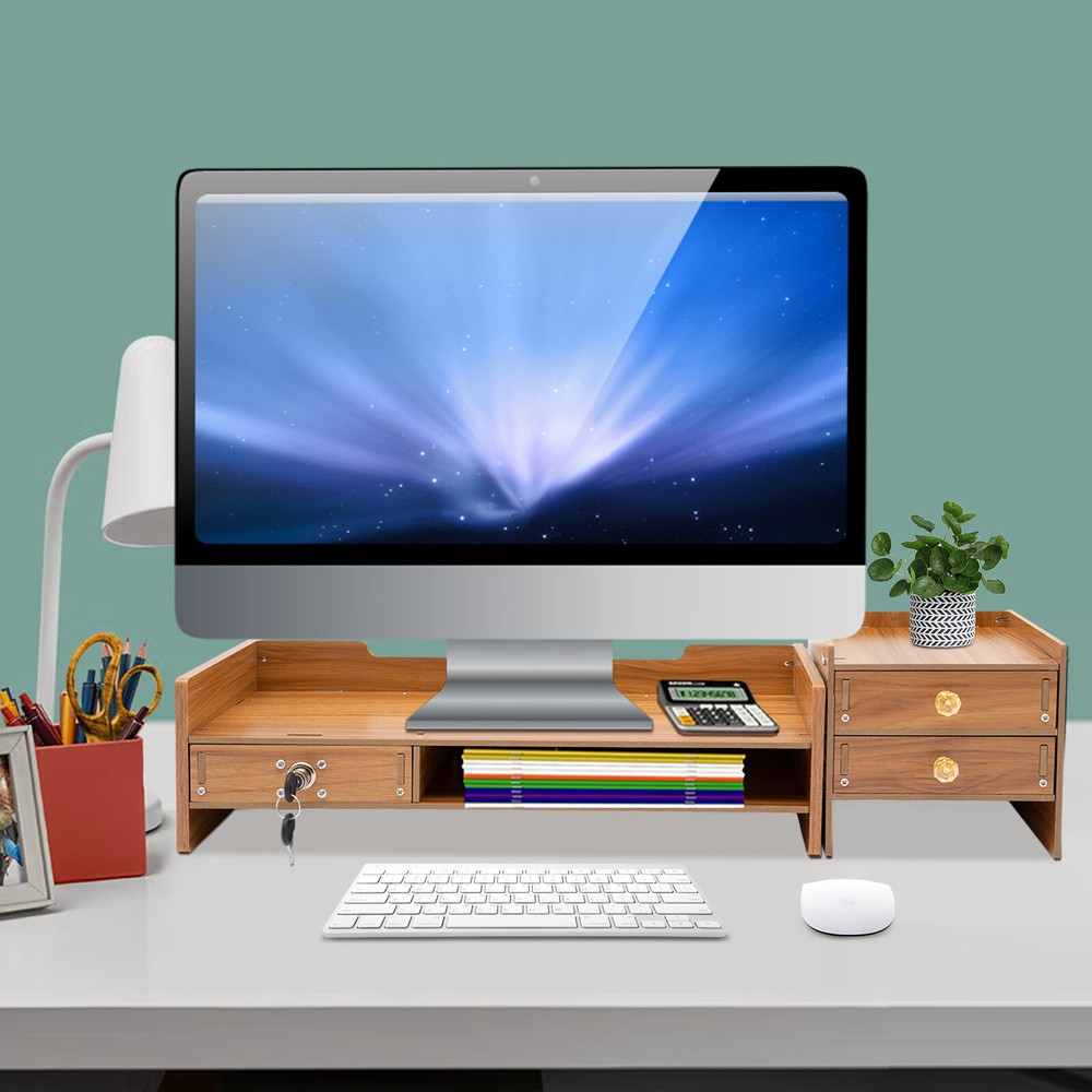 Wood Monitor Stand Riser Computer Laptop Desktop Organizer With Drawers & Lock