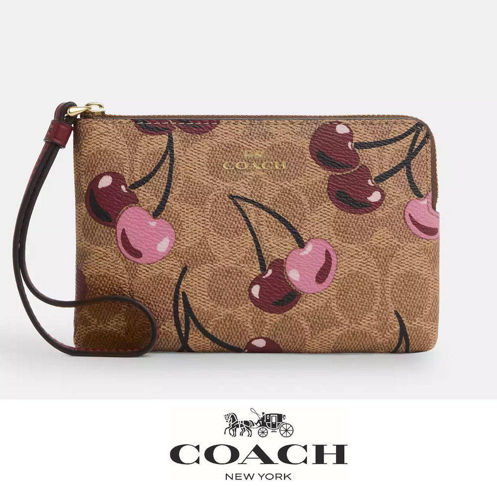 NWT Coach Corner Zip Wristlet Signature Canvas Cherry Print 🍒