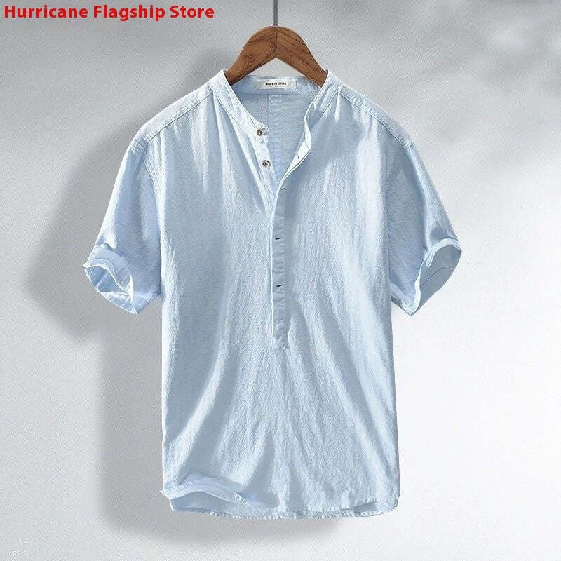 Men's Summer Thin Japanese Stand Collar Linen Short Sleeve Shirt White Versatile