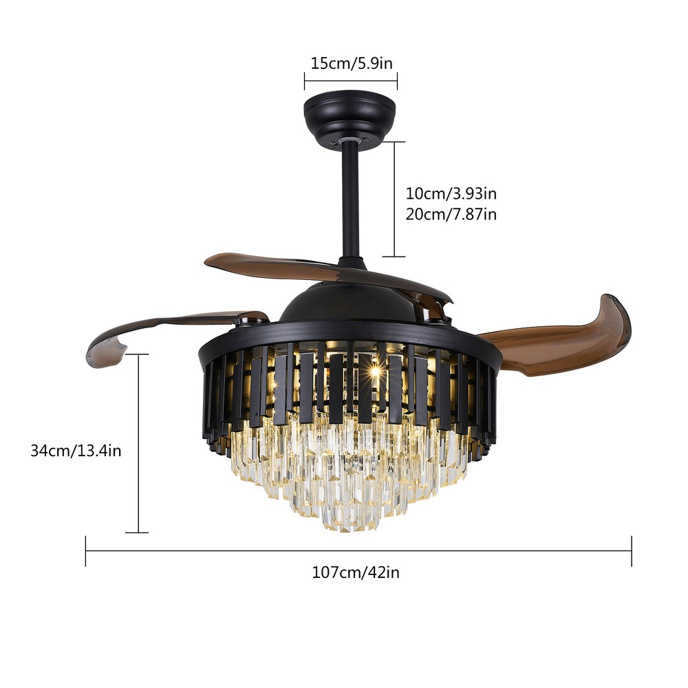 42-Inch Retractable LED Crystal Ceiling Fan with Chandelier Light and Remote Control