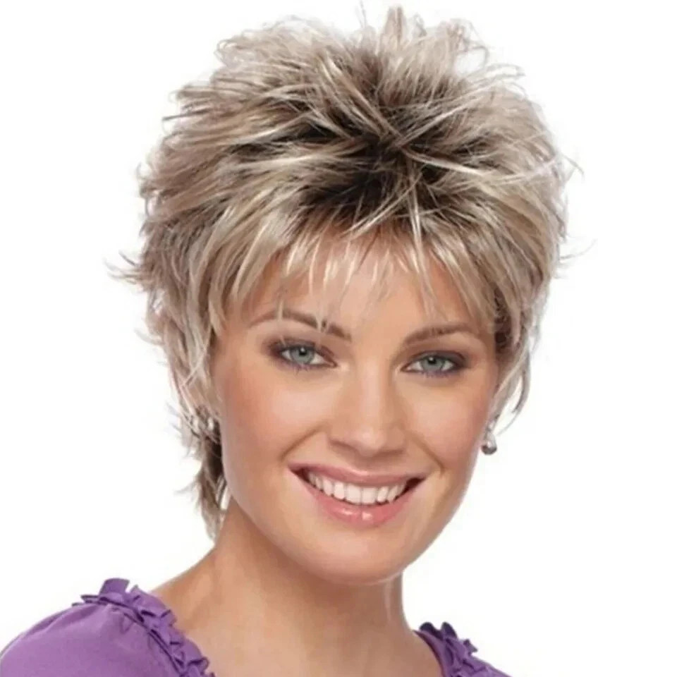 Women Short Blonde Pixie Cut Wigs Dark Brown Ombre Blonde Synthetic Hair Wigs