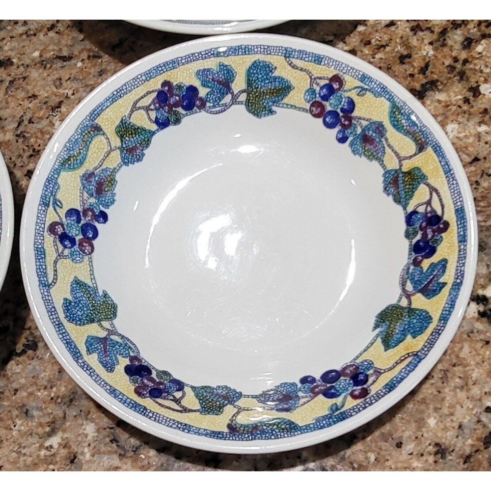 (4) Churchill Grape & Leaf Mosaic On Rim, Yellow Rim Coupe Soup Bowls