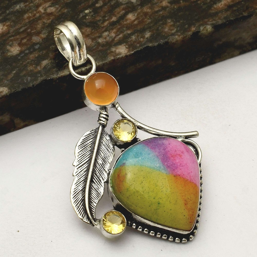 Rainbow Solar Quartz Citrine Gemstone Feather Pendant Jewelry Gift 2.6