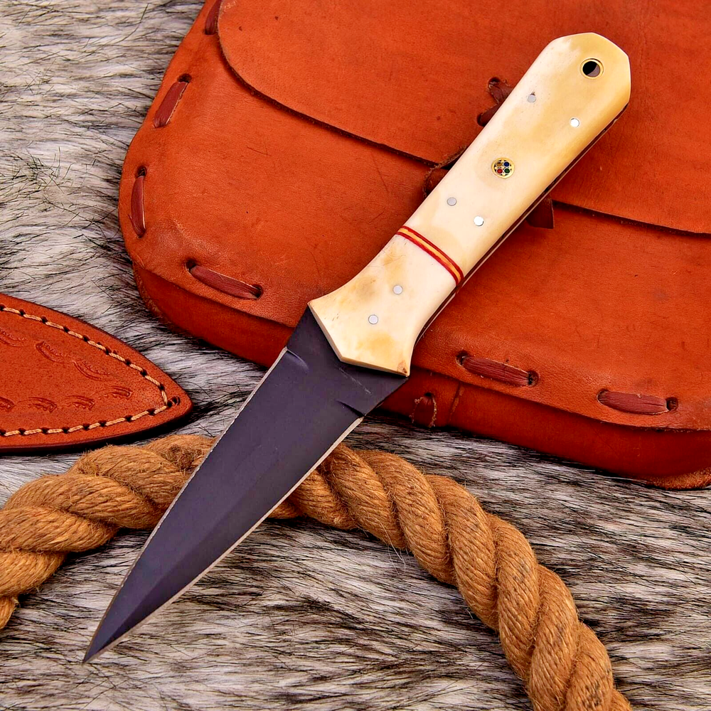 EDC handmade carbon steel double edged dagger boot knife camel bone handle