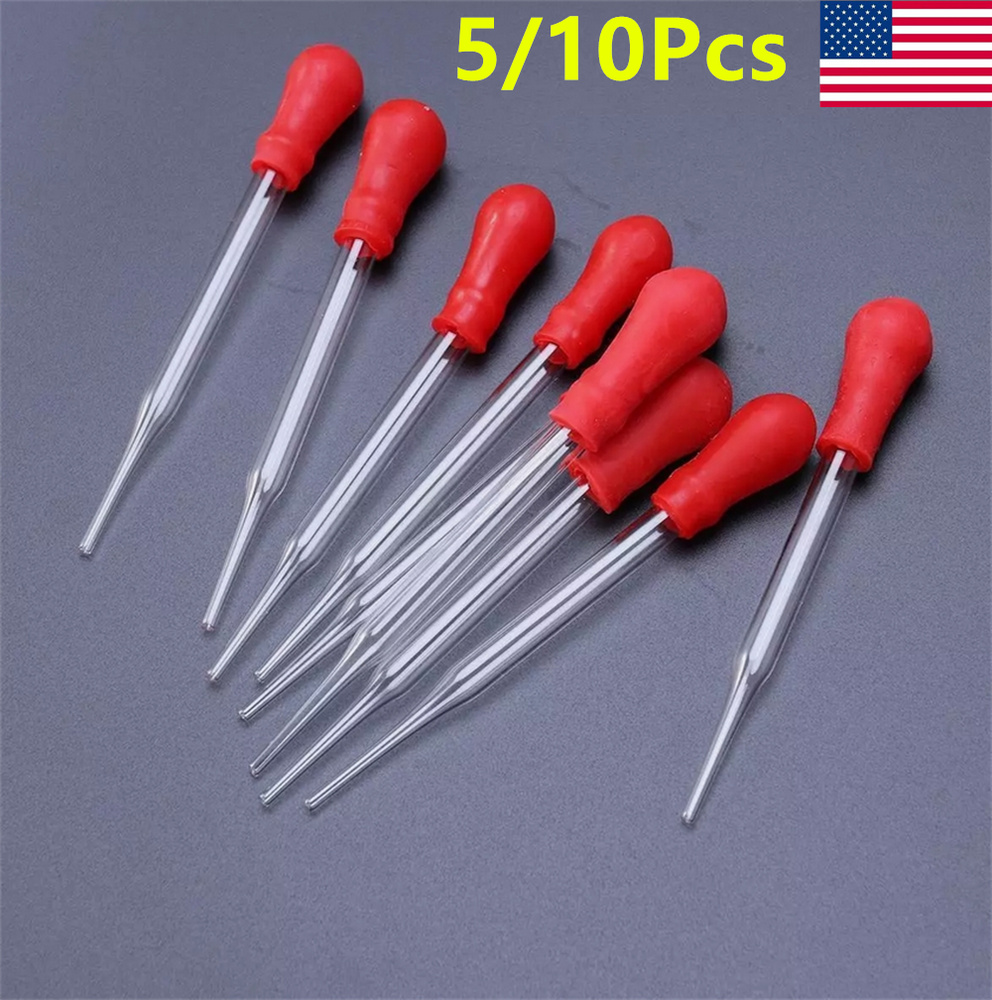 5/10x Glass Pipette Medicine Laboratory Dropper Red Rubber Head Pipet New