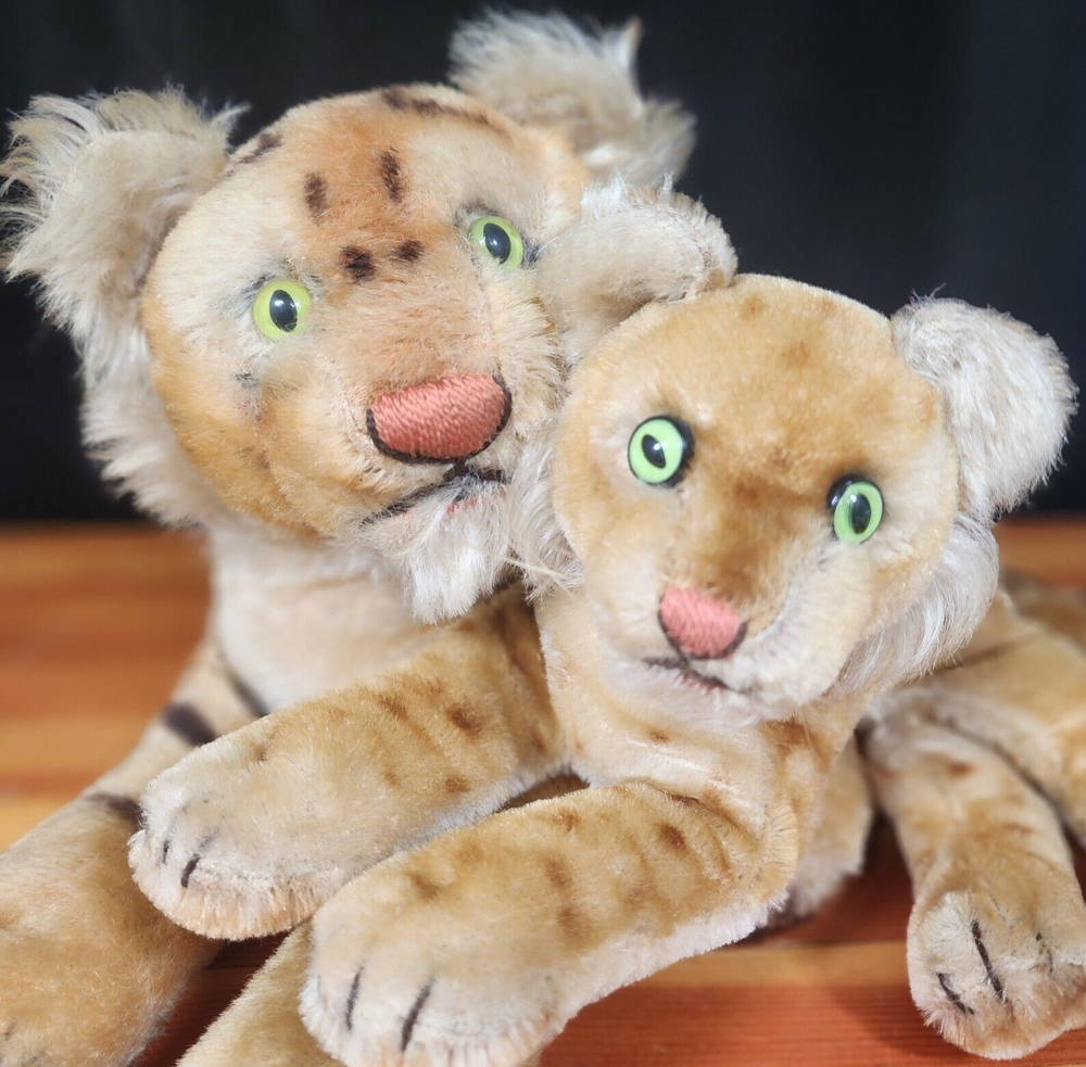Vintage set 50's,60's Steiff Mo-Hair  Bengal Tigers Mom & Cub Plush Toys No tags