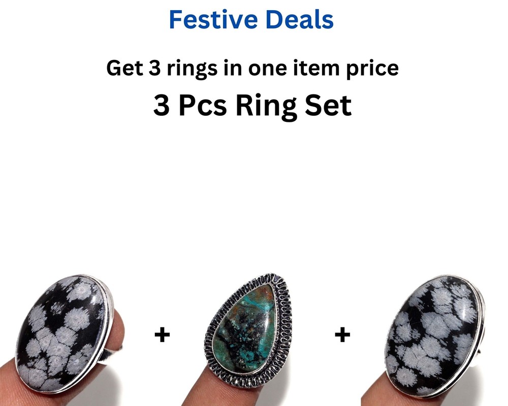 Stylish Obsidian Chrysocolla Ring Set – 3 Pcs Combo in US Size 7