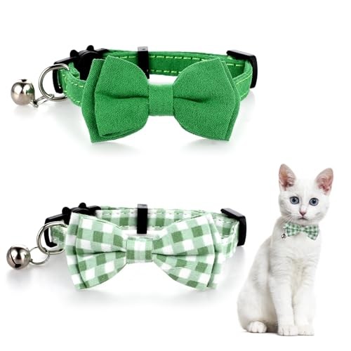 2 Pcs Bowtie Cat Collar with Bell Breakaway Cat Collars Cute Boy Kitten green