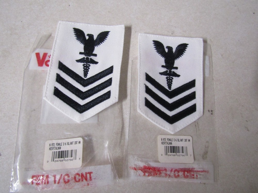 MILITARY PATCH RANK SET OF 2 US NAVY E-6 HOSPITALMAN FEMALE BLACK & WHITE SEW ON