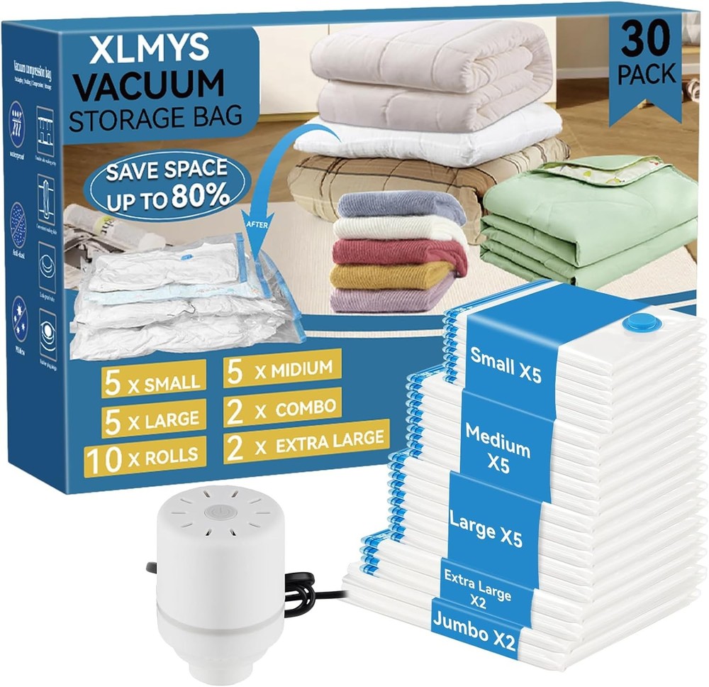Vacuum Seal Bags for Clothes Storage with Electric Pump 30 Pack 2 Jumbo 2 XLarge 5 Sizes  
