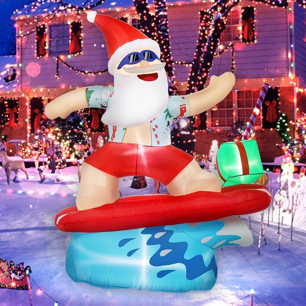 Christmas Santa Decorations Outdoor 6.5FT Beach Surfing Hawaiian Tropical Blowup