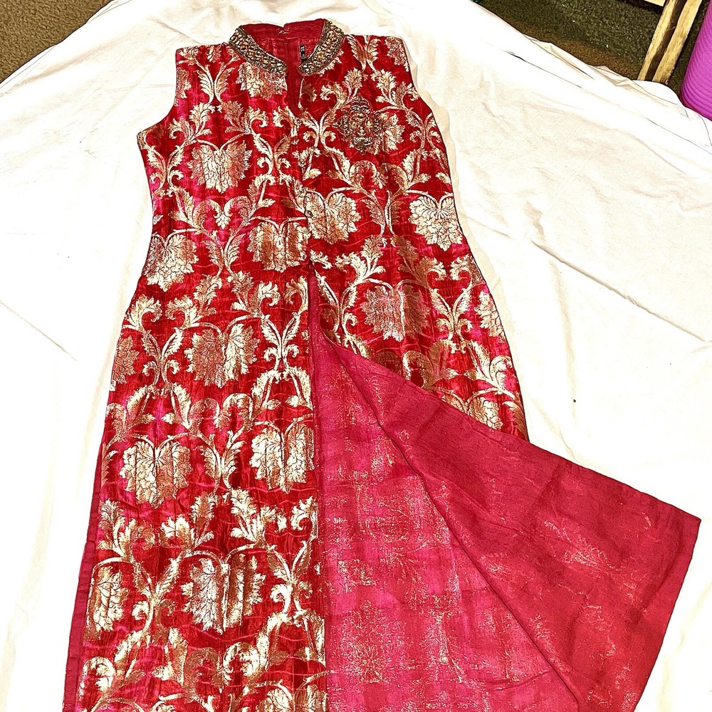 Women’s Red Gold Silk Brocade High Split Kurta Bollywood Beaded Jeweled Indian