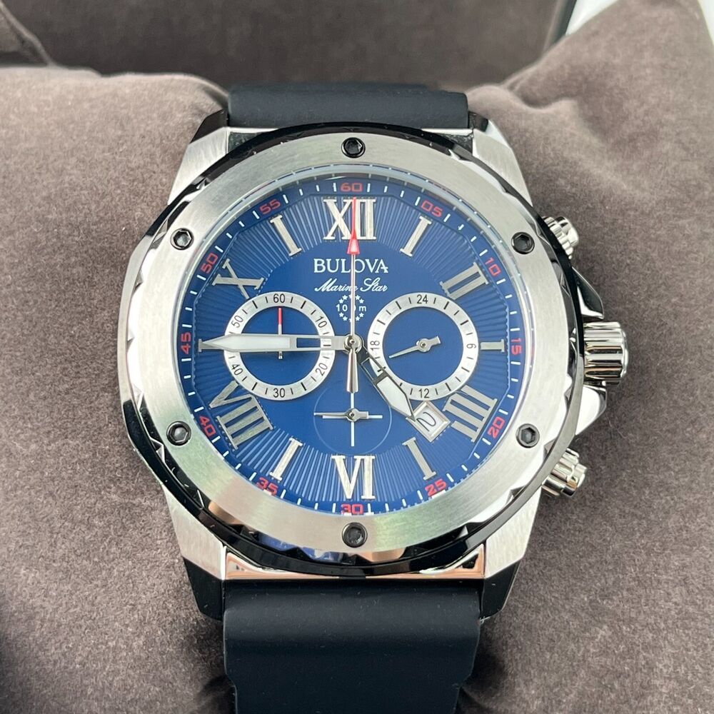 Bulova Marine Star 98B258 Automatic Blue Dial Black Rubber Strap Men's Watch