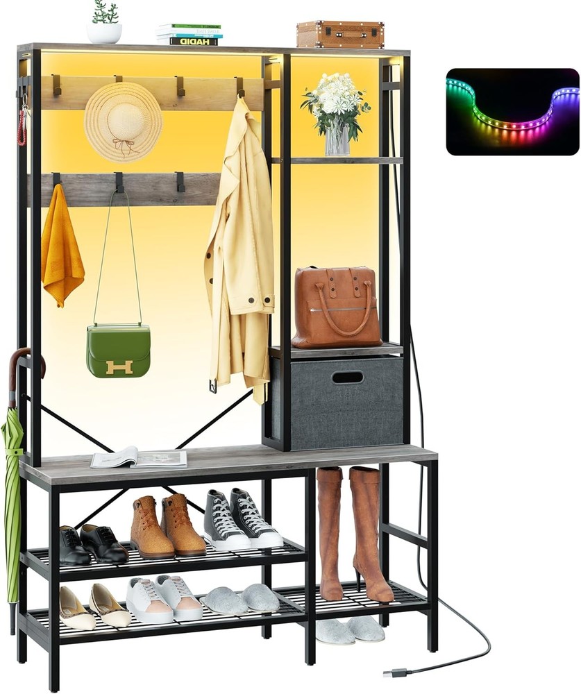 5-in-1 LED Hall Tree Coat Rack with Fabric Storage & Large Organizer