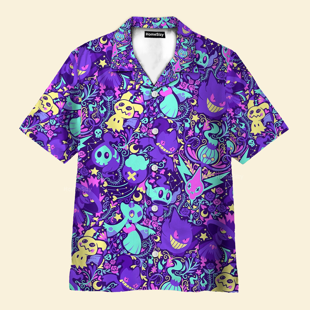 Gengar Mimikyu Ghost Pokemon Seamless Pattern Hawaiian Shirt Design QT4111803