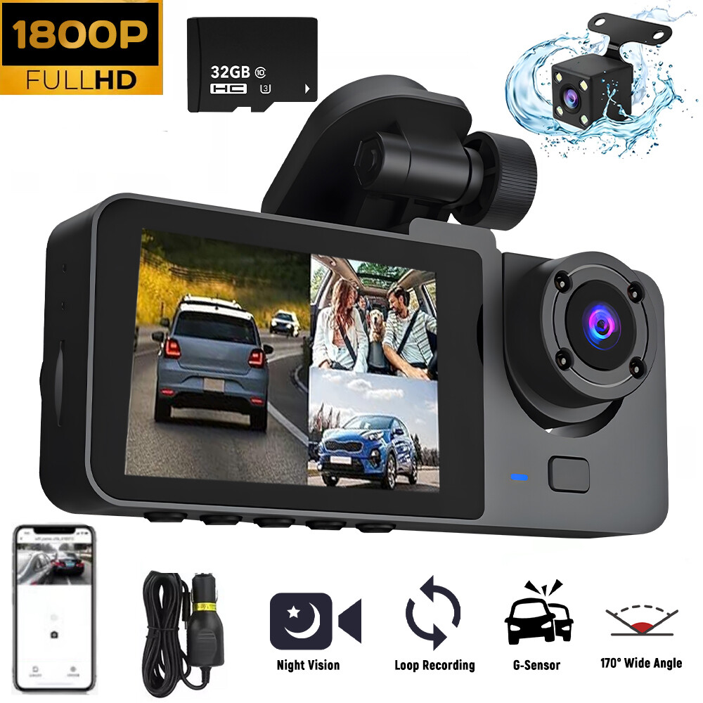 HD 1080P Dual Lens Car Camera Dash Cam Front/Rear/Inside Video Recorder G-Sensor