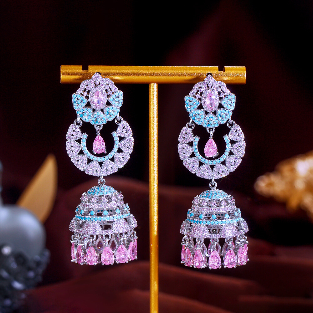 Silver Plated Cubic Zirconia Long Pink Turquoise Chandelier Drop Dangle Earrings