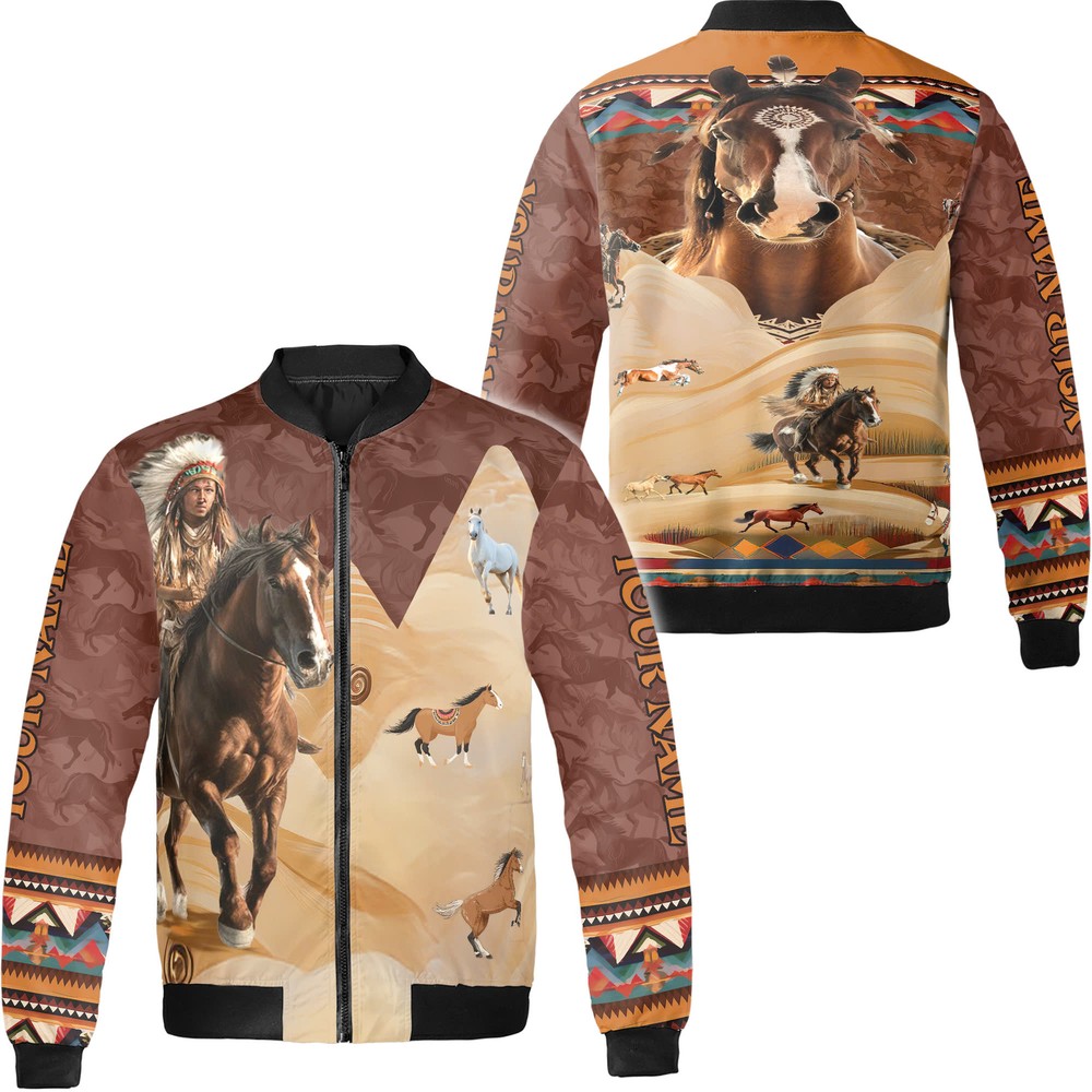 Native American Inspired Custom Horse Bomber Jacket for Men  -image