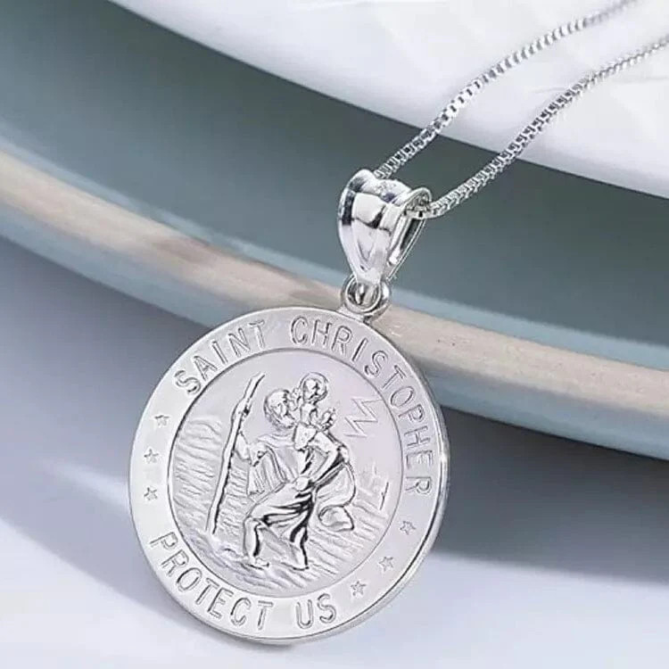 925 Sterling Silver 20MM Saint Christopher Religious Pendant Necklace