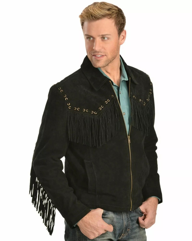 New Men Black Suede Leather Jacket Fringed - Western Cowboy Stylish Jacket