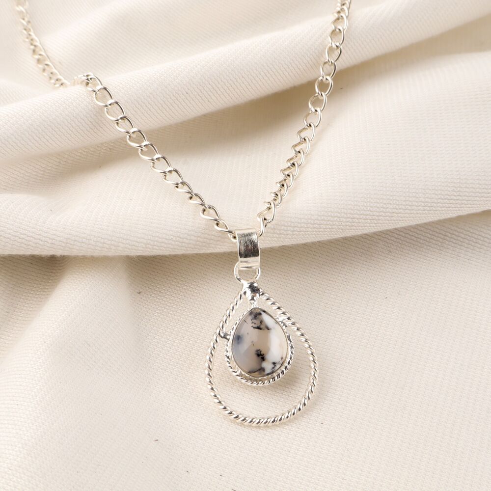 Valentines Sale 925 Silver Faceted Natural Dendritic Opal Bezel Wedding Pendant