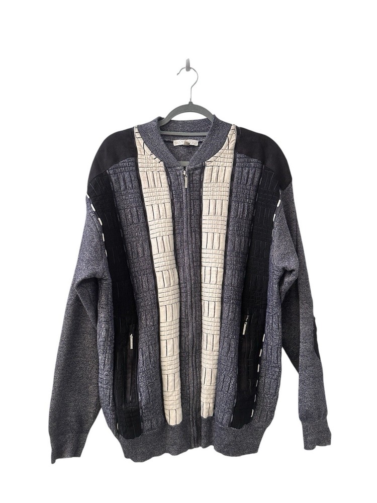 Silver Silk Men’s Vintage Y2K Patchwork Knit Jacket with Elbow Patches Size XXL