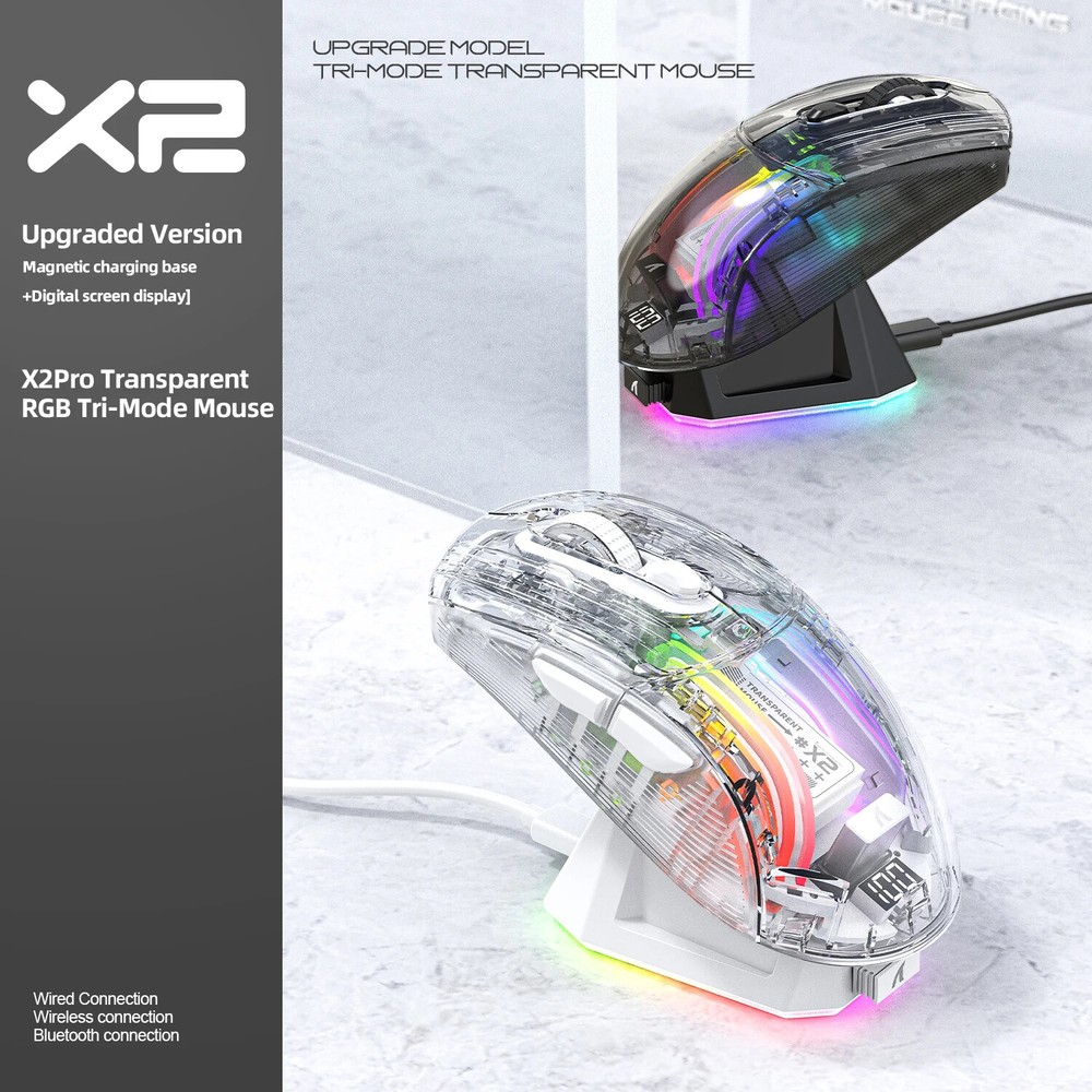 X2 Pro Magnetic Charging Tri-Mode Bluetooth Mouse with RGB Lighting and Transparent Design