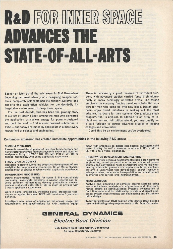 1965 General Dynamics Electric Boat R&D Recruitment Vintage Ad